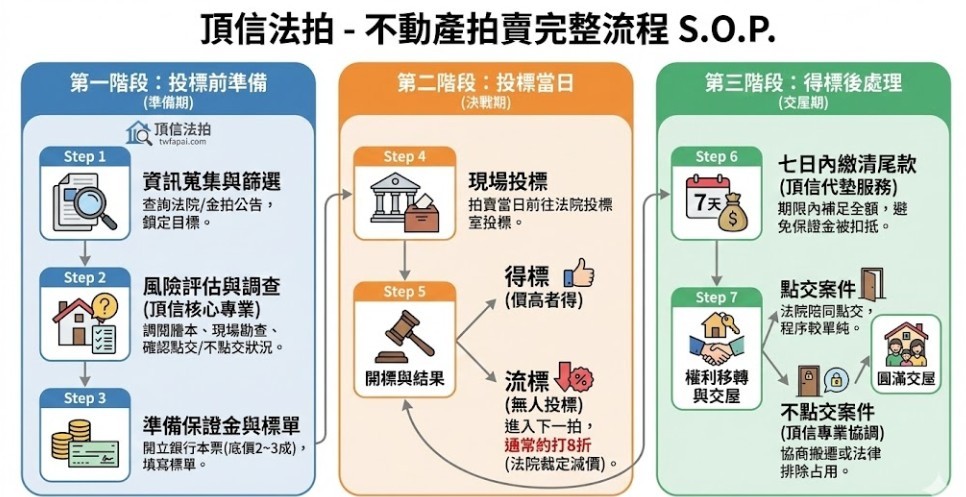 2026台中法拍流程詳解│鄰近台中地方法院與各大捷運路網│頂信專業服務團隊解析投標代墊與點交交付7大步驟
